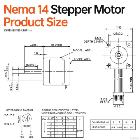 Technical drawing of High Torque Nema 14 Stepper Motor 2 Phase 1.8 Degree 20 Ncm Bipolar Drive showing dimensions and wiring.