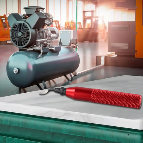 Front view of Versatile RB3000 Deburring Tool Set With 10 BK3010 HSS Blades on workshop table near machinery.