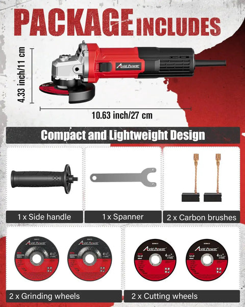 Powerful Four Point Five Inch Angle Grinder With 750 Watt Motor 11500 RPM Six Point Five Amp Includes Grinding And Cutting Wheels Auxiliary Handle And Wrench For Metalworking And DIY Projects package contents