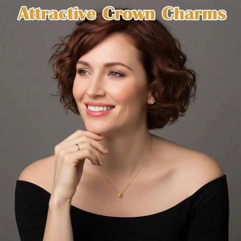 Woman wearing necklace with 60 Pcs Mini Crown Charms For Crafts 3D Hollow Queen Crown Beads For Jewelry Making, smiling.
