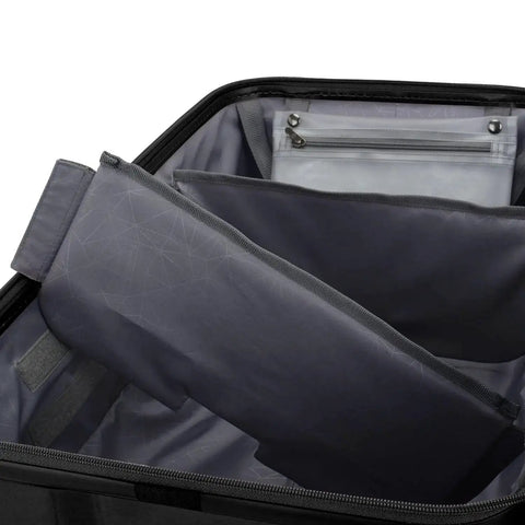 Ultimax II 26 Inch Spinner Luggage, interior view showing tie down straps and compartment, polycarbonate hardside case in matte black.