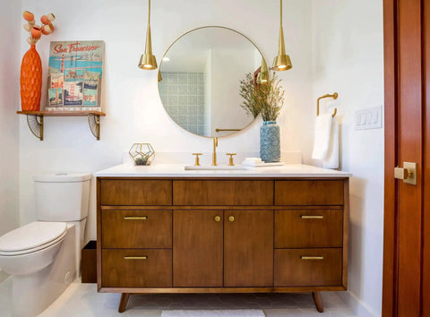 Modern bathroom with wooden vanity featuring Six Pack Of 5 Inch 128mm Retro Zinc Alloy Cabinet Handles Antique Brass Cabinet Pulls.