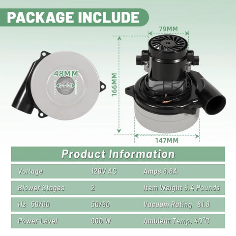 VORGENS vacuum blower motor 120V, 2-stage, 900W; black blower unit with round silver cover