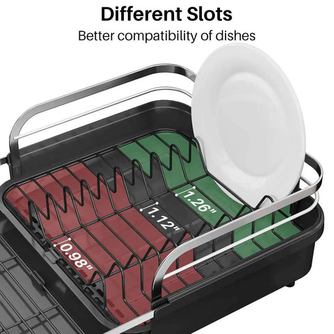 Expandable Dish Drying Rack For Kitchen Counter With Drainboard And Utensil Holder showing different slot sizes for dishes