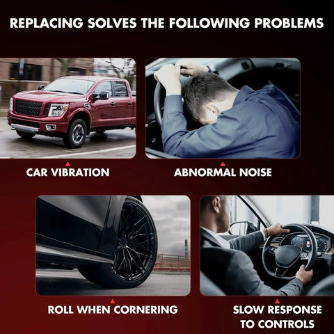 Automotive suspension issues infographic showing car vibration, abnormal noise, roll when cornering, and slow steering.