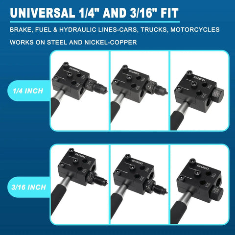 Brake Line Flaring Tool Kit For 3/16 And 1/4 Tubes With SAE 45 Degree Flares showing dual head sizes for universal fit