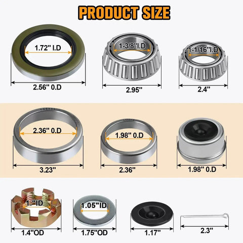 Two Pack Beefed Up Heavy Duty Trailer Hub Bearing Kit For 3500 Lb EZ Lube Spindle One Three Eighths To One Sixteenth Inch Boat Trailer 84 Spindle Includes Inner And Outer Bearings, Races, Dust Cap, Grease Seal, Rubber Plug, Spindle Nut, Cotter Pin, Washer