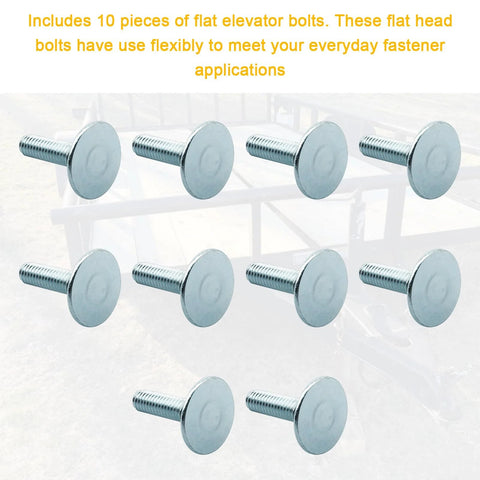 Ten zinc elevator bolts with flat heads, 3/8-16 x 1-1/2, rust-resistant.