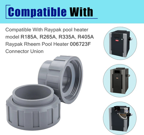 PVC connector with 2-nut heater flange, 2-inch, gray plastic, 2-pack for Raypak pool heater parts