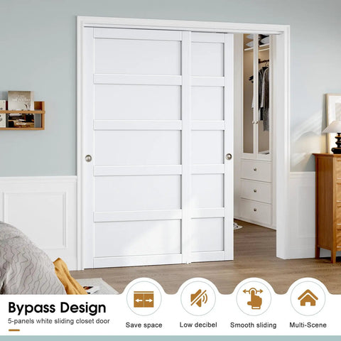 Sliding Closet Door 72x80 Inches, 5-Panel Bypass Barn Doors With Hardware Track Kit, White Finish, Installed in Bedroom