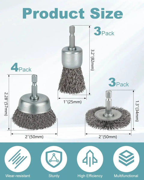 Image showing 10 Pc Drill Wire Brush Kit For Rust Removal Coarse Carbon Steel Hex Shank with three brush sizes and descriptions.