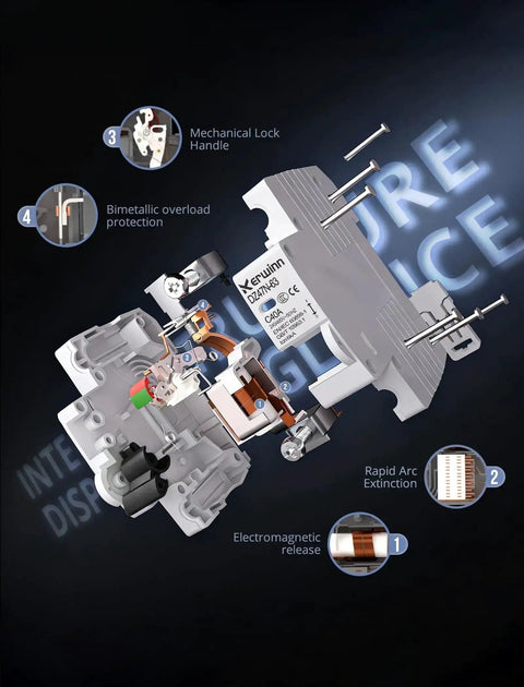 Three Pole Miniature Circuit Breaker 240V 480V AC 50A Thermal Magnetic Trip Smart Circuit Breaker AC Disconnect Switch DIN Rail Mount with Visualization Window Flame Retardant Shell shown with internal components and features highlighted.