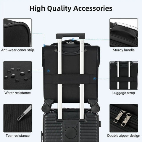 Back view of Underseat 16 Inch Carry On Luggage showing handle, anti-wear corner strips, and water resistance. HanTrip 30L capacity.
