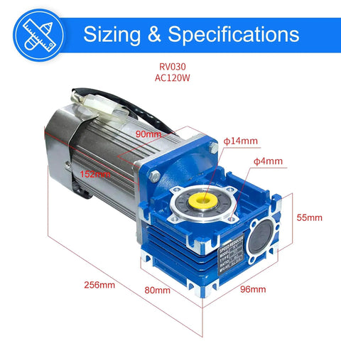 Dimensions diagram of Beefy 120W 110V AC Worm Gear Reducer Motor with 1:80 reduction, featuring a 14mm output shaft and overall measurements.