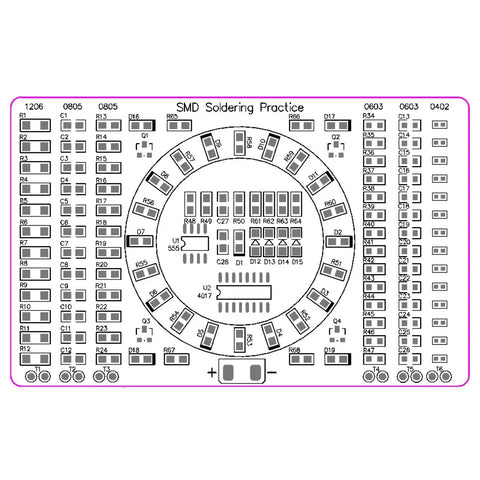 Top view of DIY SMD SMT Welding Practice Soldering Skill Training Board With Water Lamp Circuit Demonstration And Backside Ruler