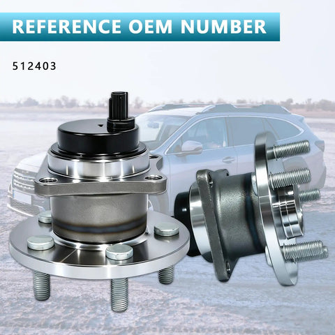 Rear Wheel Hub Bearing Assembly Drop In Ready 2 Pack Compatible With Toyota Corolla 2009 2019 Matrix 2009 2014 Pontiac Vibe 2009 2010 With ABS 5 Lug Durable OEM Style Replacement for Smooth Quiet Ride displayed next to car.