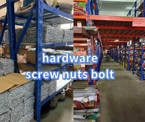 Industrial warehouse shelves stocked with hardware supplies, including screws, nuts, and bolts, visible in organized rows.