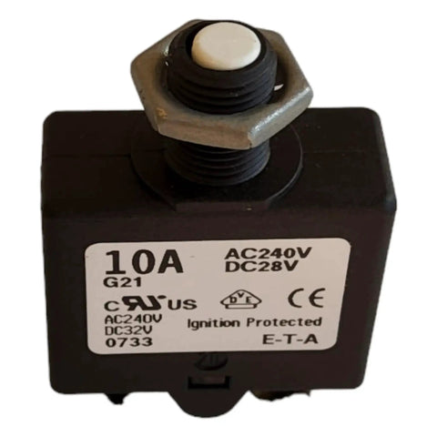 Compact Thermal Reset Tiny But Mighty Single Pole Circuit Breaker Push to Reset, 10 Amp, 240 VAC or 28 VDC, face view