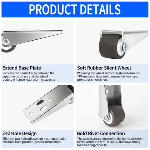 Low Profile 0.9 Inch Caster Wheels Set Of 4 With Long Brackets for Furniture and DIY, product details displayed in quadrants