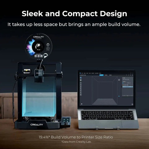Ender 3 V3 SE 3D Printer with Sprite Direct Extruder next to laptop showing design software.