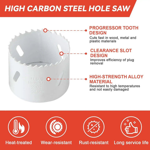 High carbon steel hole saw with progressor tooth, clearance slot, and high-strength alloy material design features.