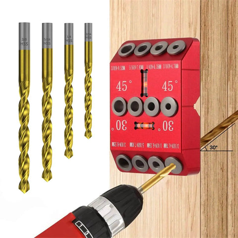 30 45 90 Degree Angle Drill Guide Jig For Hand Drill with four bits and red guide showing angled drilling in wood post.