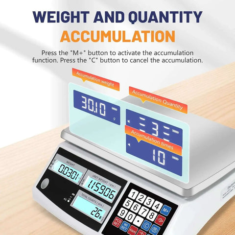 Heavy Duty Counting Scale For Coins And Parts With 66 Lb Capacity, 0.1 g Precision, Backlit Digital Display showing accumulation function
