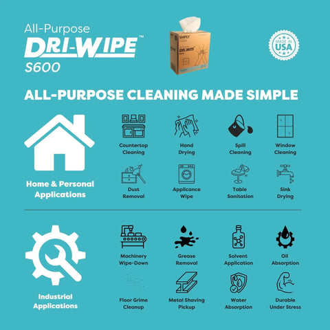 Promotional image of All Purpose Disposable Wipes For Auto Shops And Industrial Cleaning, 1,260 Total From 10 Boxes Of 126, 8 By 14 Inch Center Pull Sheets, Cost Effective Alternative To Paper Towels And Shop Towels, Great For Hands, Tools, And Surfaces, highlighting home and industrial uses.