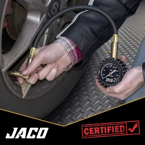 JACO EliteProPlus tire pressure gauge with dually air chuck; black dial, brass fittings, 160 psi