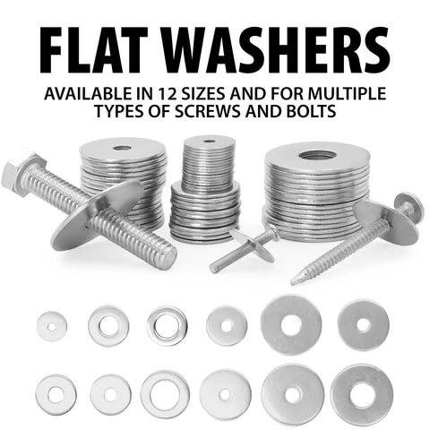 Flat washers set in stainless steel 304, 100 pcs, M3–M12 size assortment with bolts