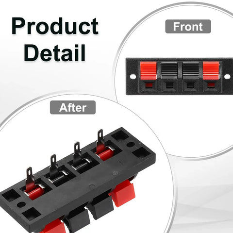 Front and side view of 4 Way Spring Terminal Clip Push Release Connector Plate Jack Socket Speaker Terminal Strip Block Test Clip WP4 10 Pack 6 Pieces Red Black Polarity Coding For Pro Audio Gear