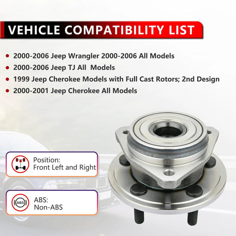 Front view of Two Pack Front Wheel Hub Bearing Assembly For Jeep Cherokee 1999 2001 And Wrangler TJ 2000 2006 With Five Lug Non ABS Built Tough Beefed Up OEM Replacement For A Smooth Ride And Durable Bearings Easy Install Perfect Daily Driver Upgrade