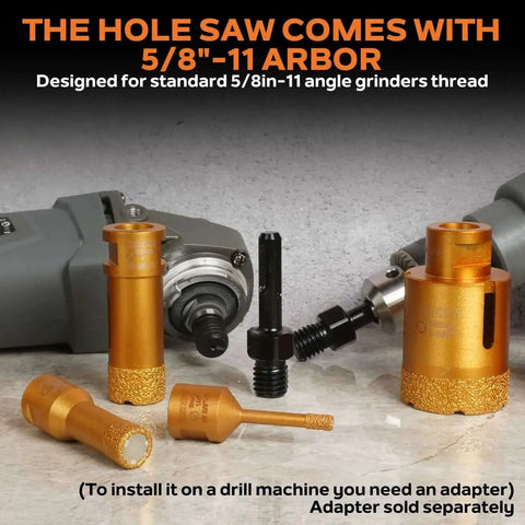 Diamond Hole Saw Bit Heavy Duty Pro Grade One And Three Eighths Inch For Porcelain Ceramic Granite Vacuum Brazed Core Drill Bit With Two Inch Drilling Depth And Five Eighths Eleven Thread For Angle Grinder displayed with 5/8-11 arbor adapter on table.
