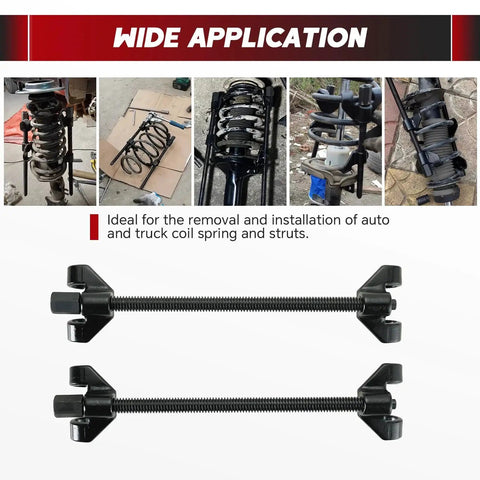 Front view of a 14-inch coil spring compressor tool with two steel jaws for automotive suspension struts