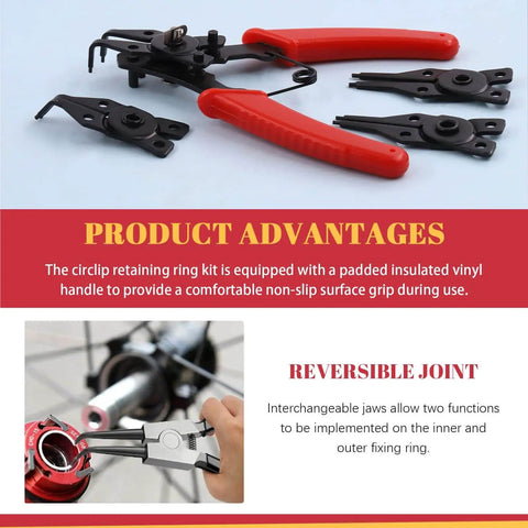 Pro Grade Alloy Steel External And Internal Retaining Ring Set 261 Pcs With 16 Sizes 4mm To 30mm Includes 4 In 1 Snap Ring Pliers And Wrist Pin Clips for DIY repair projects, featuring red-handled pliers and interchangeable jaws.