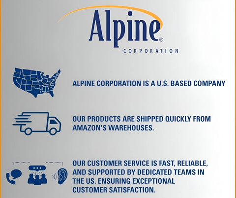 Alpine Corporation sign with blue logo, United States map silhouette, shipping truck icon, and customer service text.