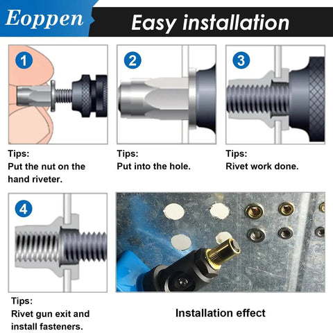 M6 Rivet Nuts Kit 115 Pcs Zinc Plated Carbon Steel Flat Head Threaded Inserts installation steps guide with tools and effects.