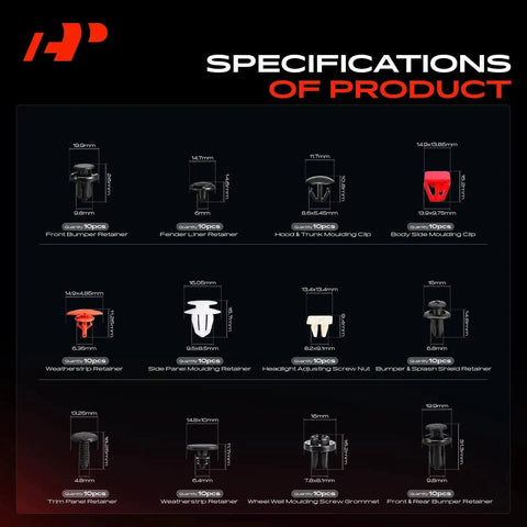 Specifications of Honda CR-V 2002-2011 Grab-and-Go 230 Piece Car Body Must-Have Fastener Kit With Removal Tool And 23 Sizes