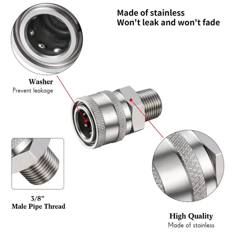 4 Pack 1/4 Inch Pressure Washer Quick Connect Fittings Kit With Male And Female Couplers And Plugs NPT Compatible External Thread Adapters For Easy 1/4 Quick Connect Fits Most NPT Connectors Shimeyao, showing stainless steel male fitting with washer and pipe threads.