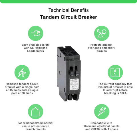 Homeline 15 Amp And 20 Amp Tandem Circuit Breaker For Home Wiring, 120 And 240 Volts AC, 10kA Breaking Capacity, Plug In Mount.