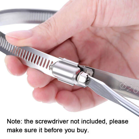 Hand holding 4 Piece 8 Inch Adjustable 304 Stainless Steel Duct Hose Clamps Worm Gear Clamps For Pipe Intercooler Plumbing Tube Fuel Line