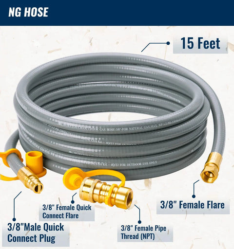 CALPOSE 15 ft 3/8 in ID gray natural gas grill hose with brass quick-connect fittings for outdoor grills