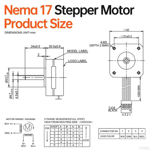 Technical diagram of Nema 17 Stepper Motor 2 Phase 1.8 Degree High Torque Bipolar with dimensions and wiring details.