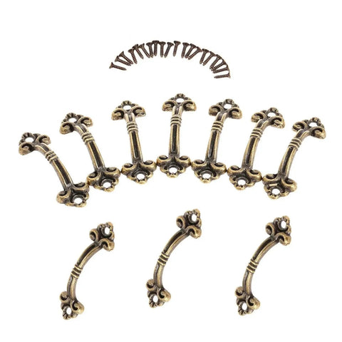 10 Pack Antique Brass Zinc Alloy Mini Jewelry Box Drawer Cabinet Knob Pull Handle For Small Chests And Cabinets With 38mm Hole Spacing And 48mm Diameter Includes Mounting Screws Vintage Look Hardware For Furniture Restoration And Craft Projects displayed with screws on white background.