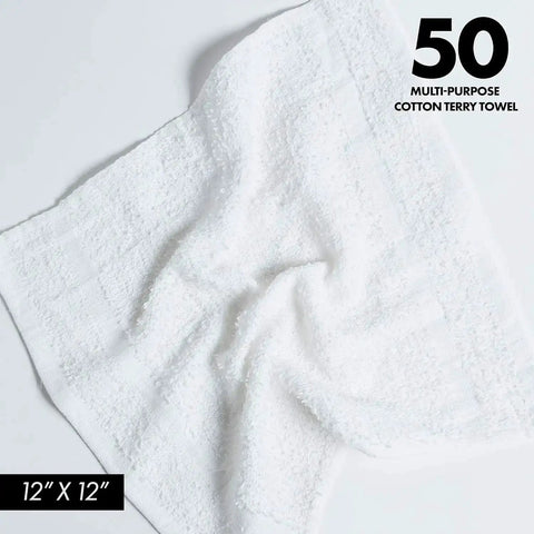 Pack Of 50 White 12 By 12 Inch Cotton Terry Cleaning Cloths For Auto Detailing, Painters, And General Cleaning, Highly Absorbent
