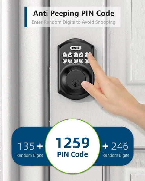 Person entering code on keyless door lock with keypad smart deadbolt front door auto lock matte black
