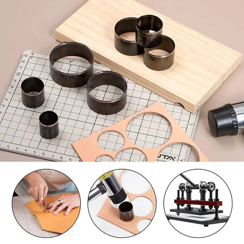 Leather Hole Punch Die Set 7 Piece Round Cutter Kit with 20mm to 50mm dies shown on a cutting mat with leather samples.