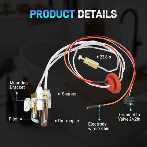SP21058 water heater pilot assembly with thermopile and sparker; white mounting bracket, brass fittings, orange wires