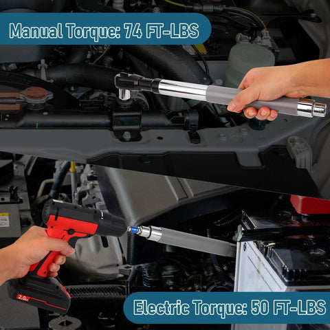 One Half Inch Offset Impact Wrench Extension Kit For Tight Spaces being used on a car engine with manual and electric torque readings