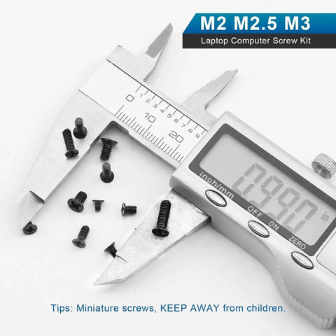 Caliper measuring screws from Laptop Screw Kit 450 Pcs M2 M2.5 M3 Countersunk Flat Head Phillips Mini Heavy Duty Screws Set.